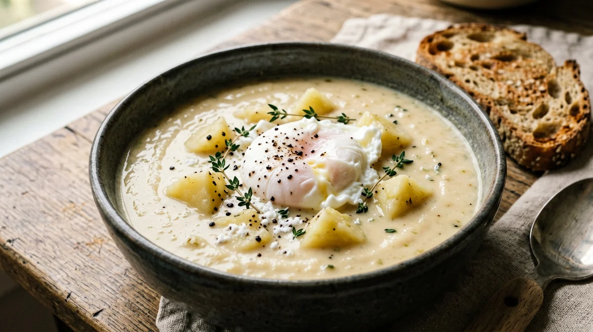 Zuppa di porri e patate con uovo in camicia