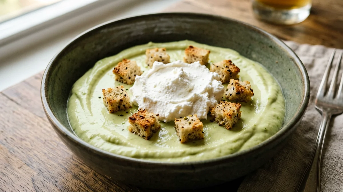 Vellutata di zucchine e basilico con ricotta e crostini