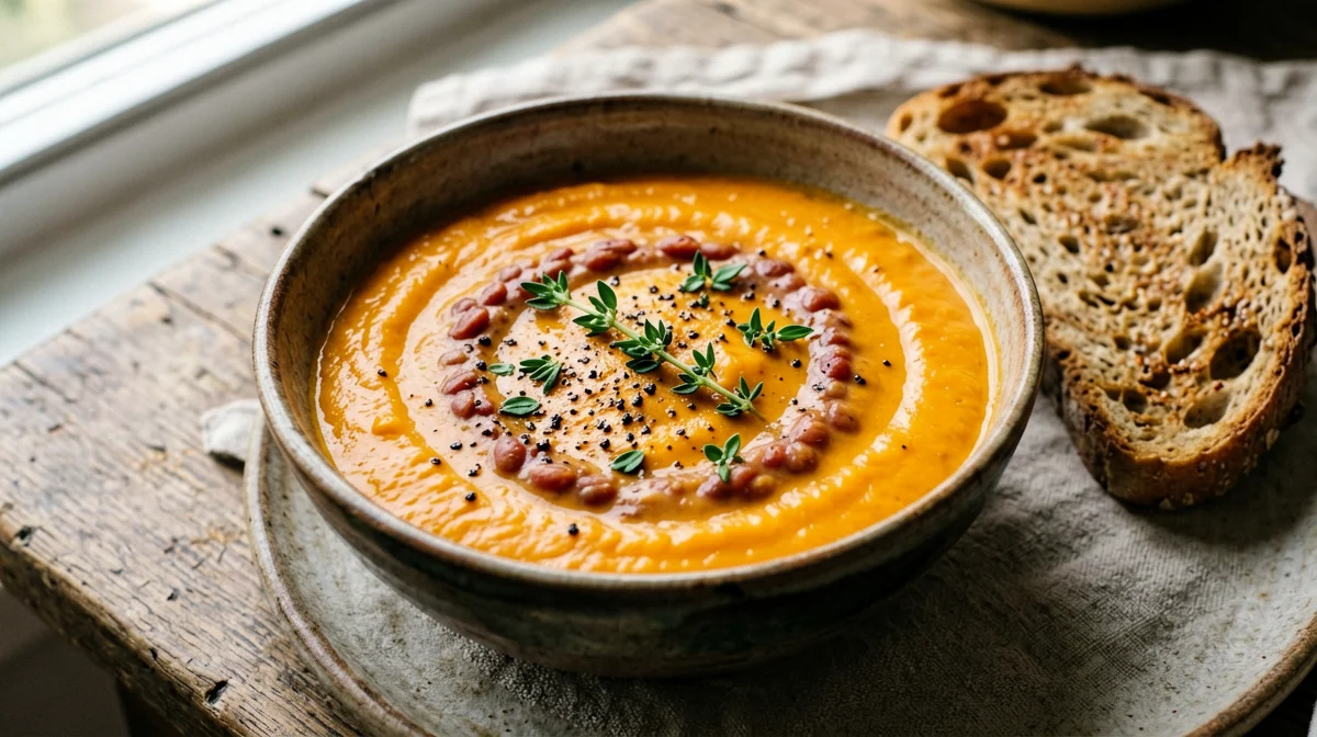 Vellutata di carote e lenticchie rosse con crostini