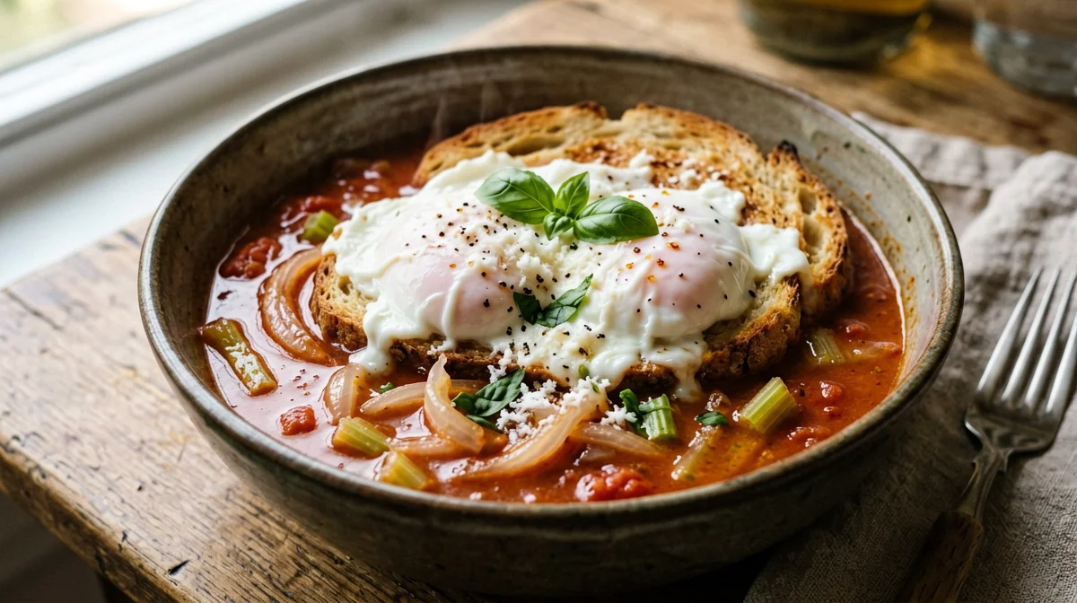 Acquacotta di cipolle e sedano con uova affogate e pecorino