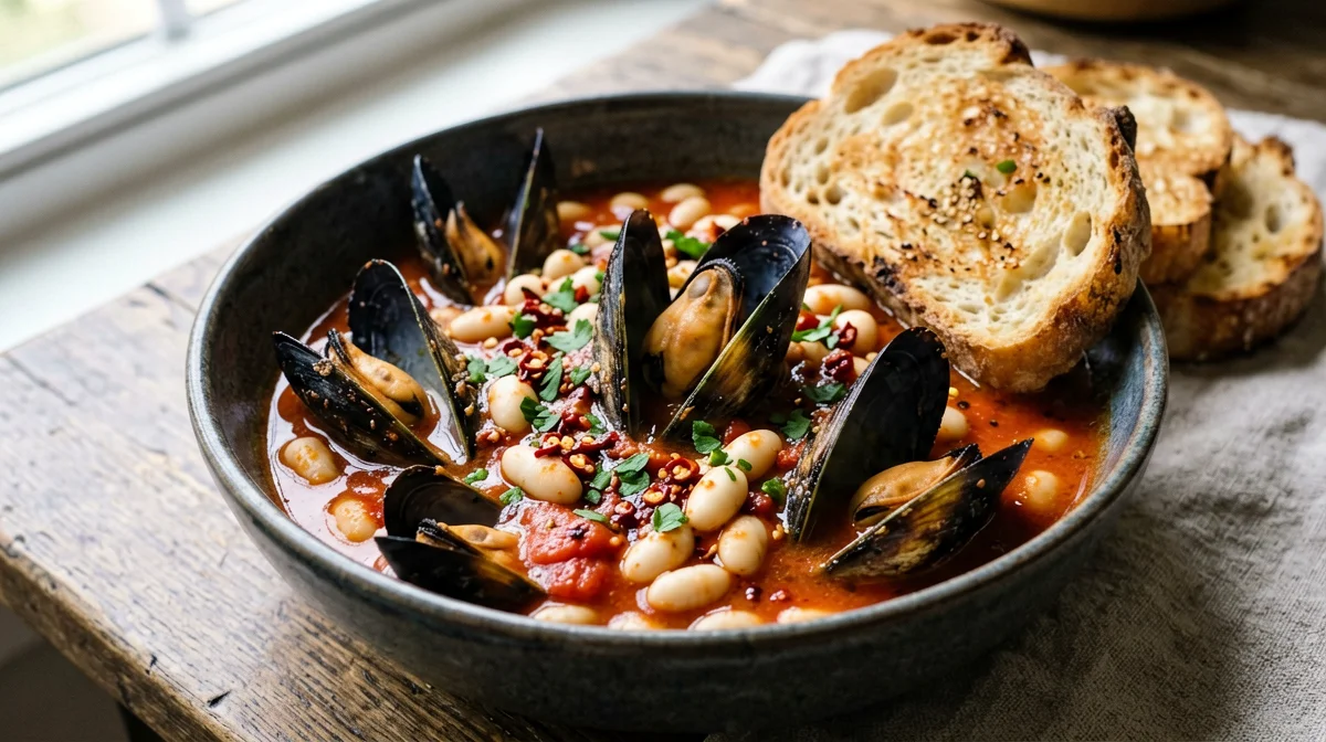 Spicy tomato mussels with cannellini and toasted bread