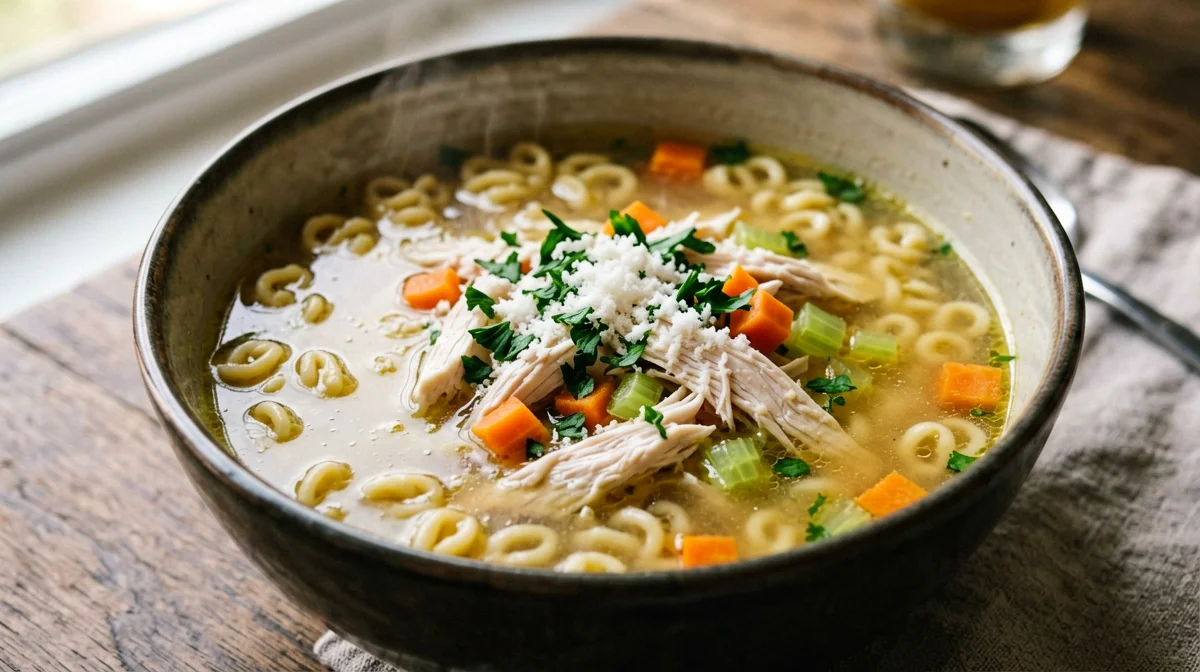 Pastina in brodo di pollo con pollo sfilacciato e Grana
