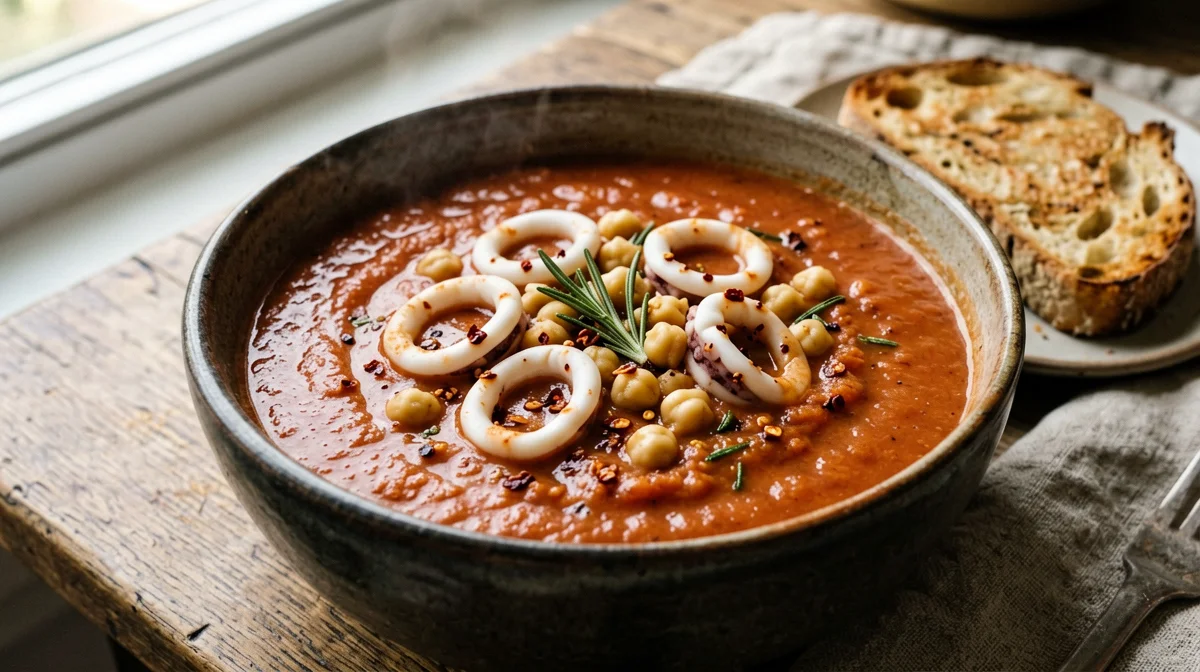 Chickpea and squid soup with croutons