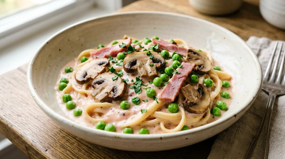 Light boscaiola pasta with peas and cooked ham