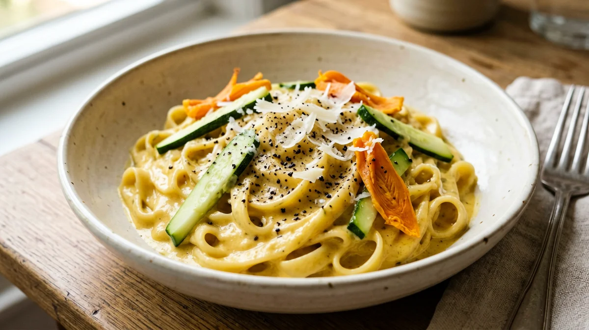 Pasta con fiori di zucca, zucchine, zafferano e ricotta