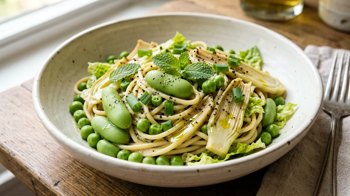 Pasta with vignarola: broad beans, peas and artichoke