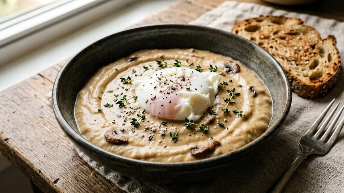 Vellutata di funghi e patate con uovo pochè e crostini