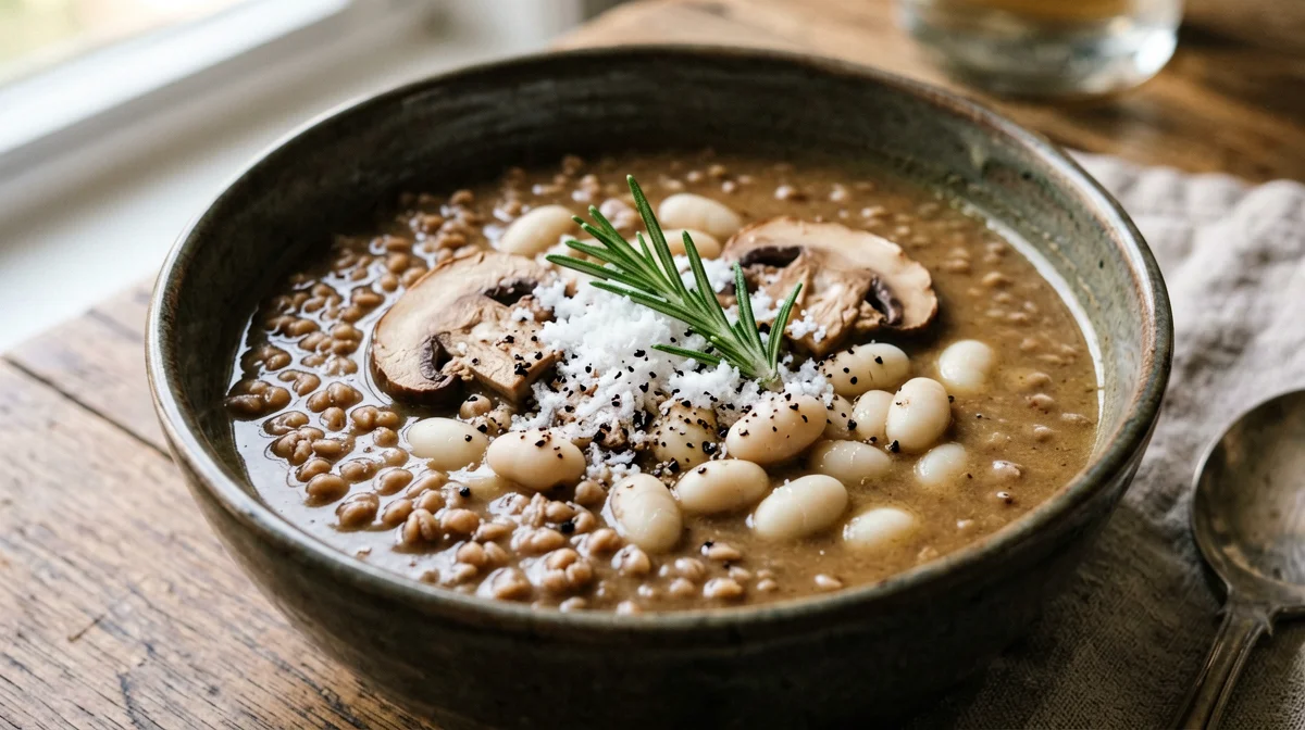 Spelt and mushroom soup with Grana and rosemary