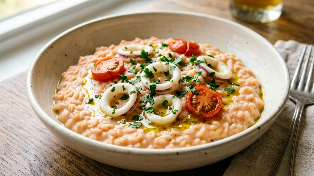 Marinara risotto with squid and cherry tomatoes