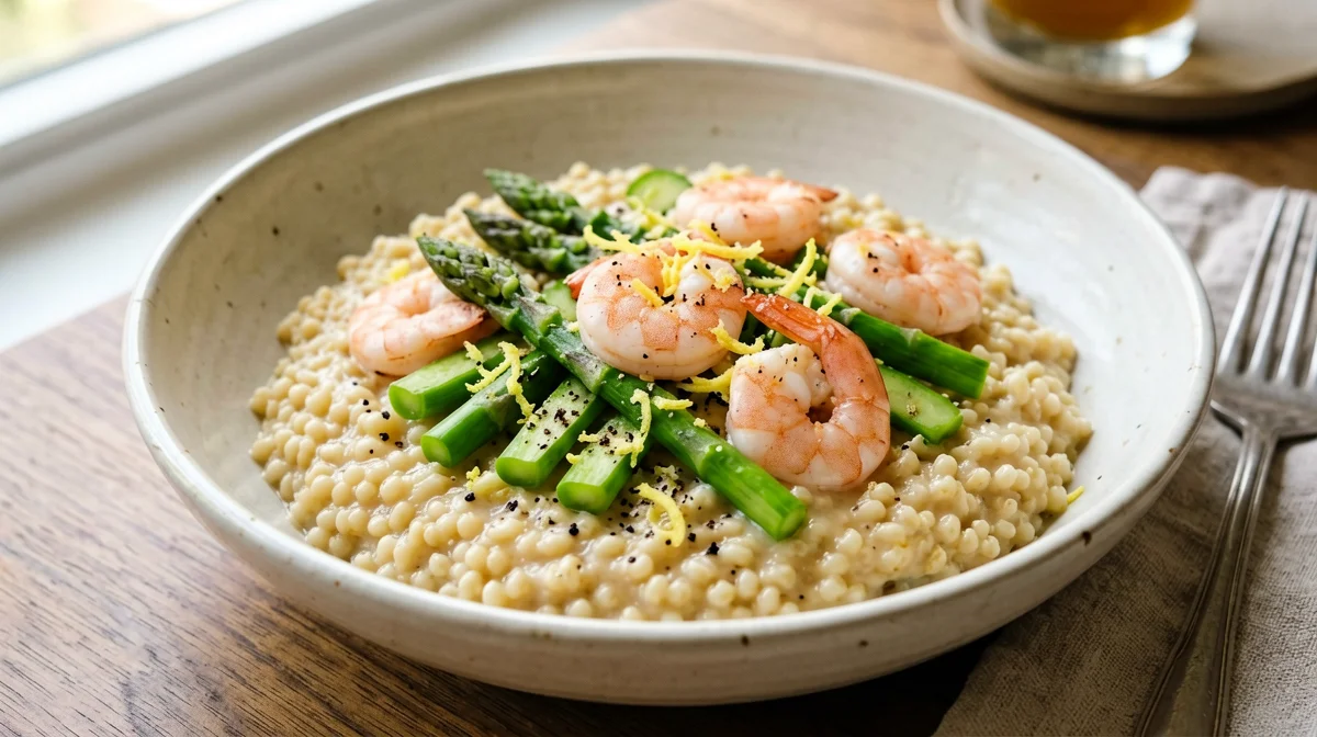 Orzotto agli asparagi e gamberi