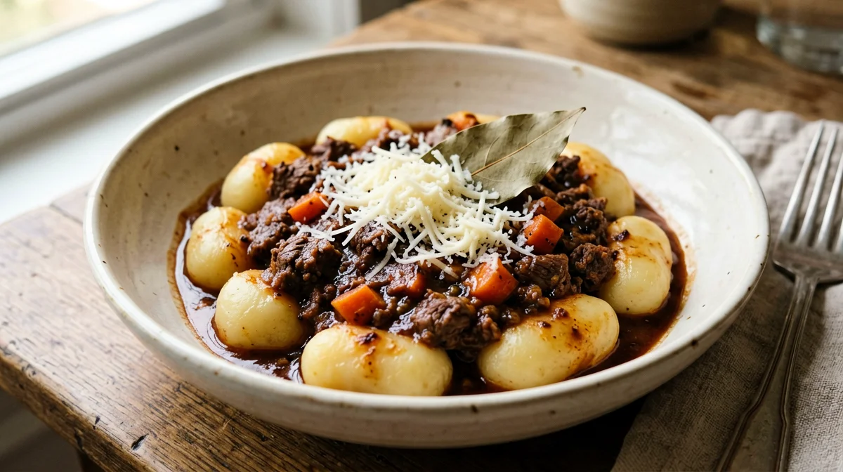 Gnocchi with lean beef and bay leaf sauce