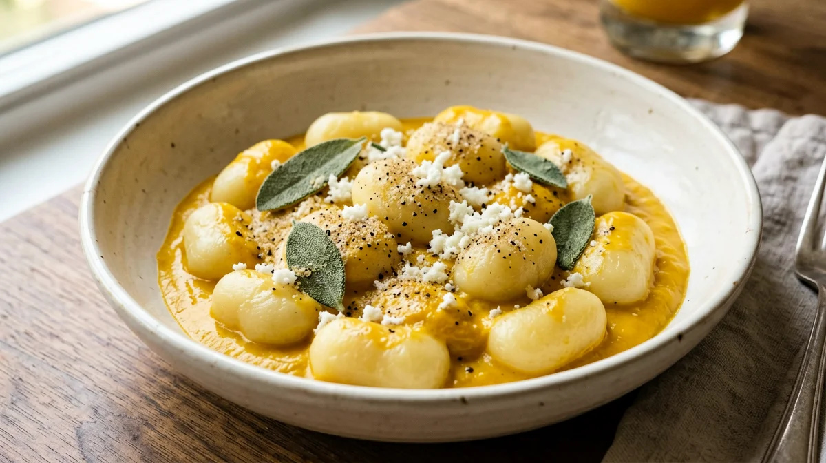 Gnocchi con crema di zucca, salvia e Grana