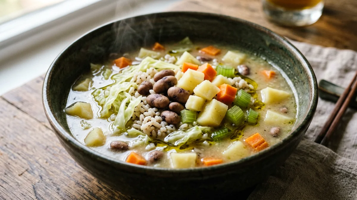 Minestrone d'inverno con verza, fagioli e riso