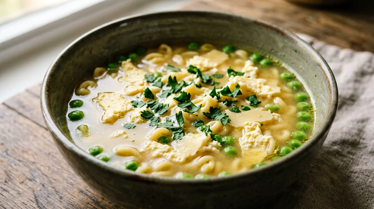 Stracciatella broth with pastina and peas
