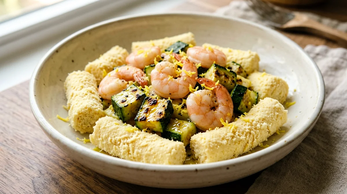 Dry passatelli with zucchini and prawns