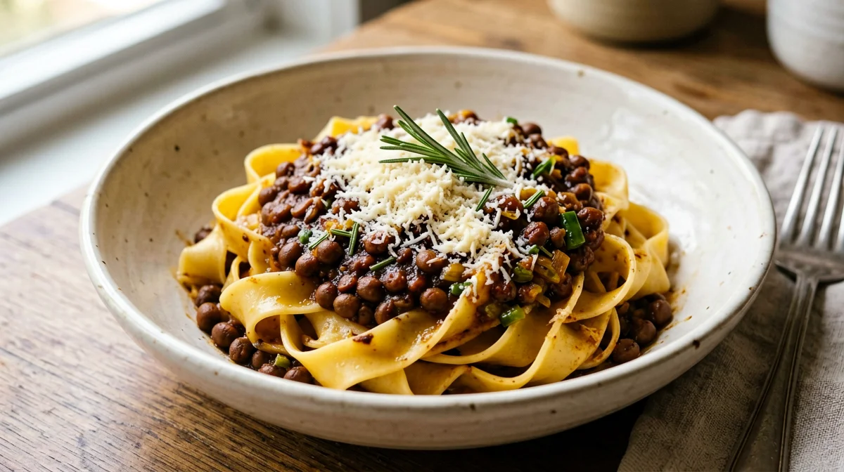Egg tagliatelle with lentil ragù and Grana