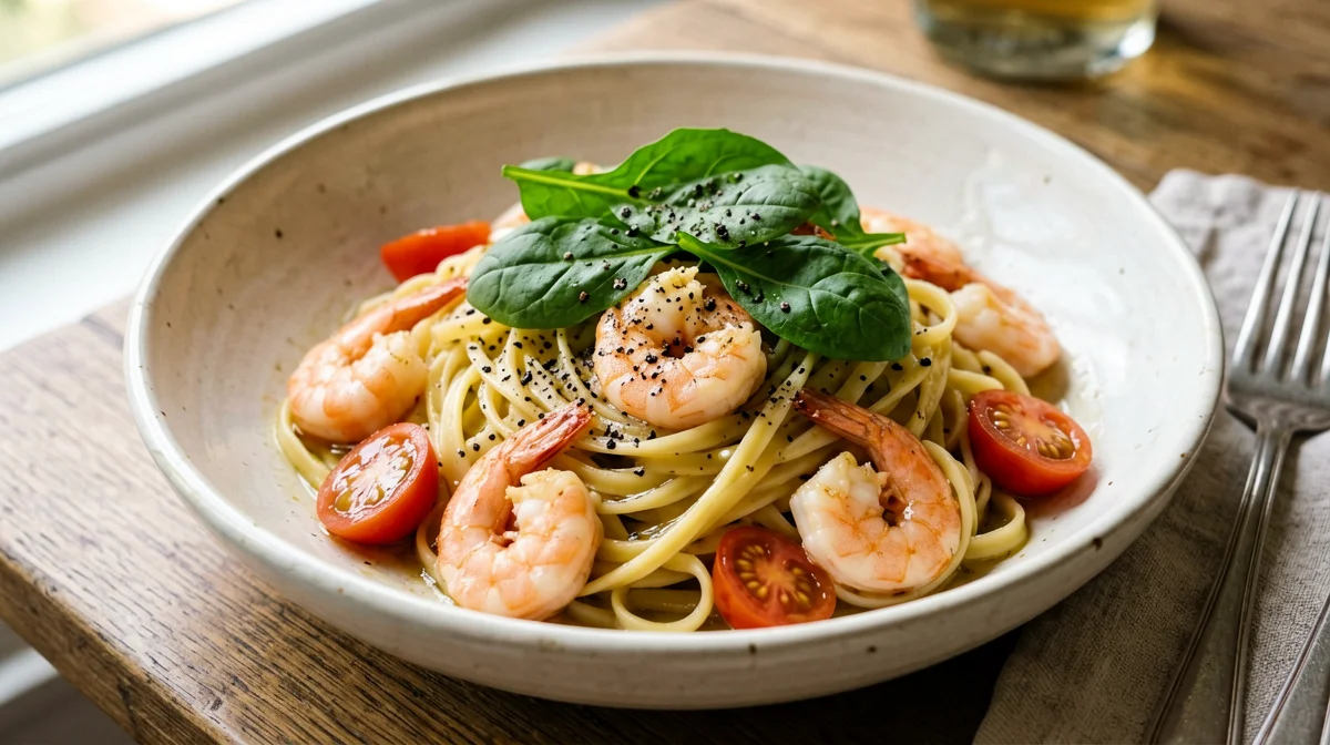Linguine with prawns, cherry tomatoes and rocket