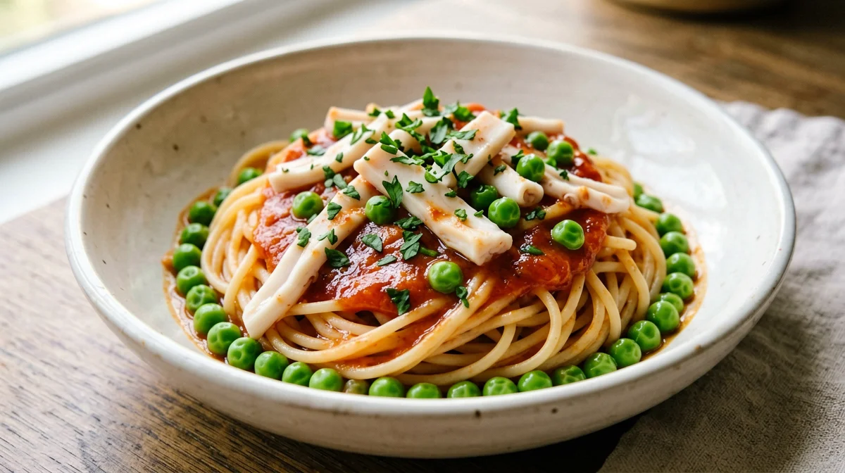 Spaghetti with cuttlefish and peas