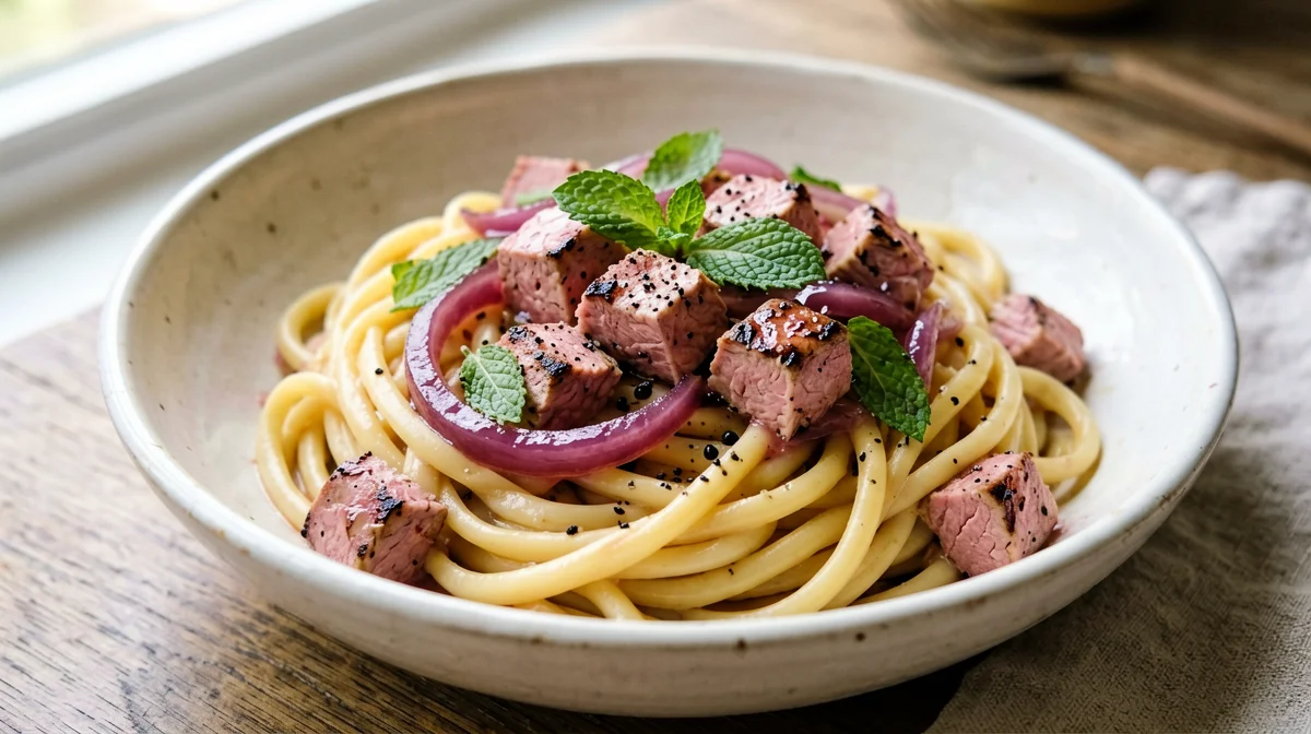 Bucatini con tonno fresco e cipolle rosse in agrodolce