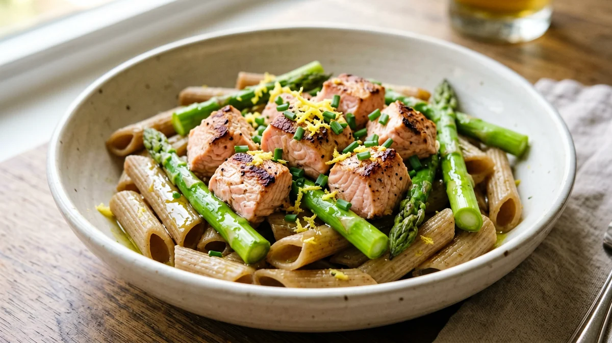 Penne integrali con salmone, asparagi e limone