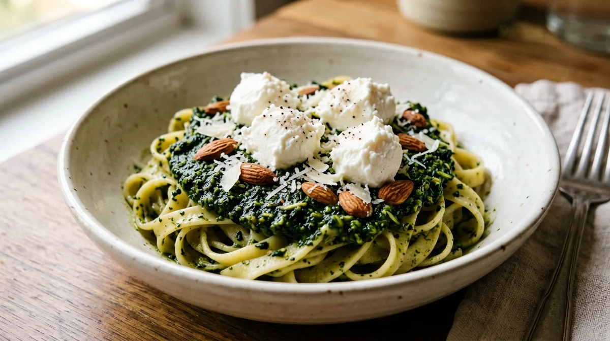 Pasta with cavolo nero and almond pesto and ricotta