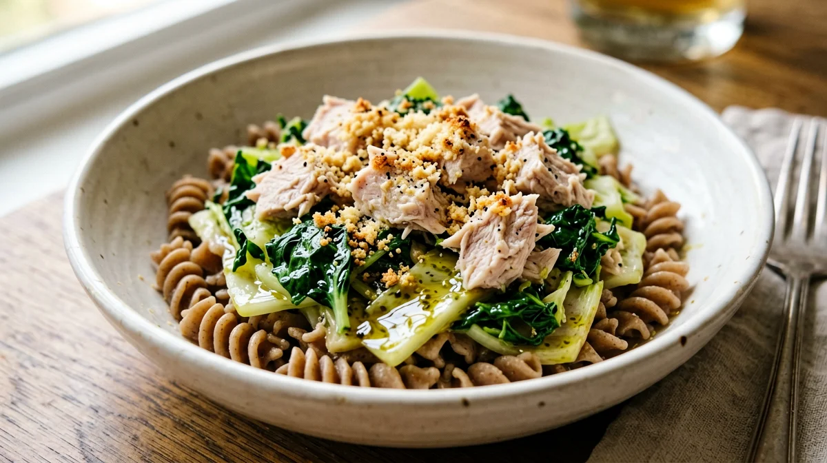 Wholewheat orecchiette with turnip greens and tuna