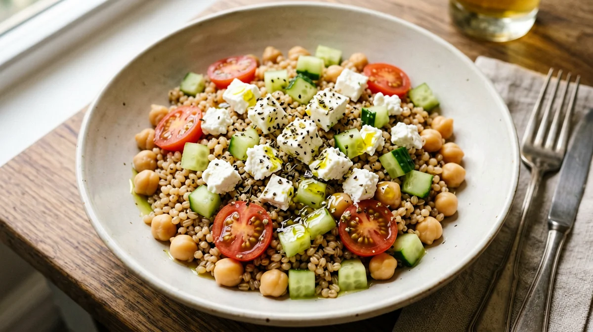 Insalata di farro con ceci, feta e cetriolo