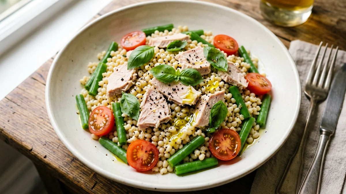Insalata d'orzo con tonno, fagiolini e pomodorini