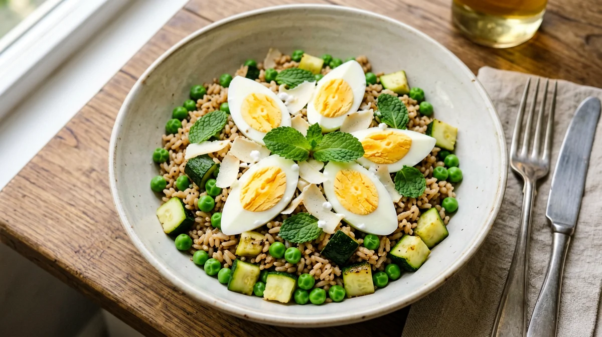 Brown rice salad with peas, boiled egg and zucchini