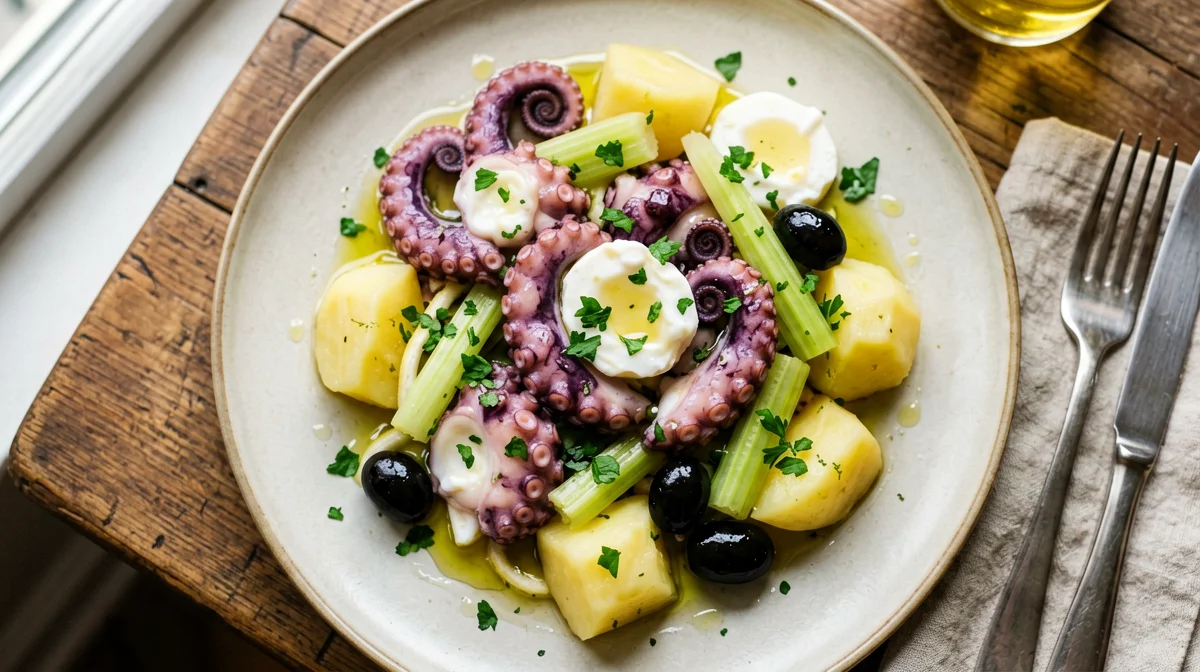 Insalata tiepida di polpo, patate e olive nere
