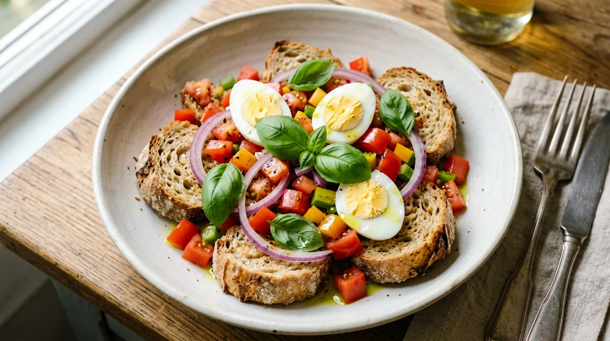 Panzanella con uova sode, peperoni e basilico