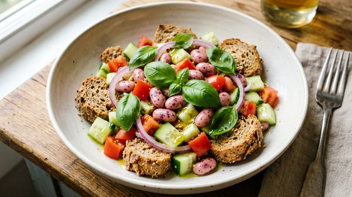 Panzanella vegana con borlotti, cetriolo e cipolla rossa