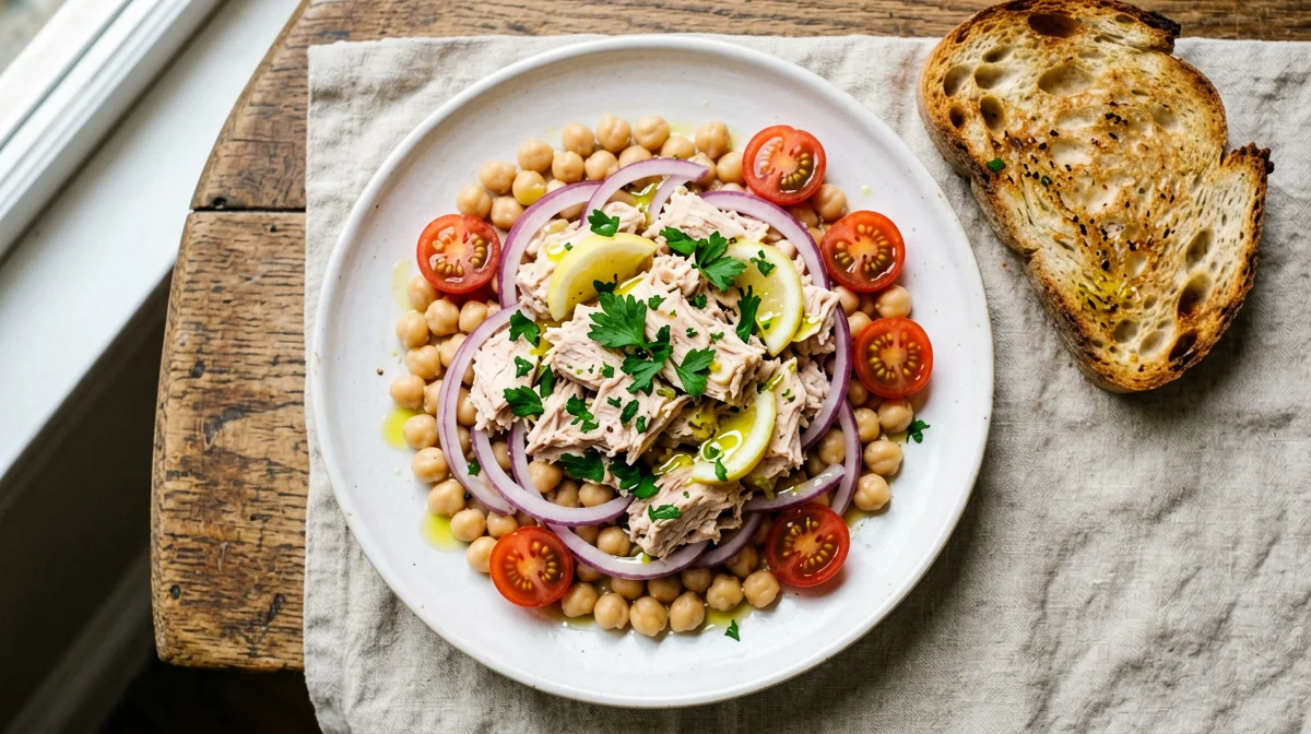 Chickpea and tuna salad with red onion and toasted bread