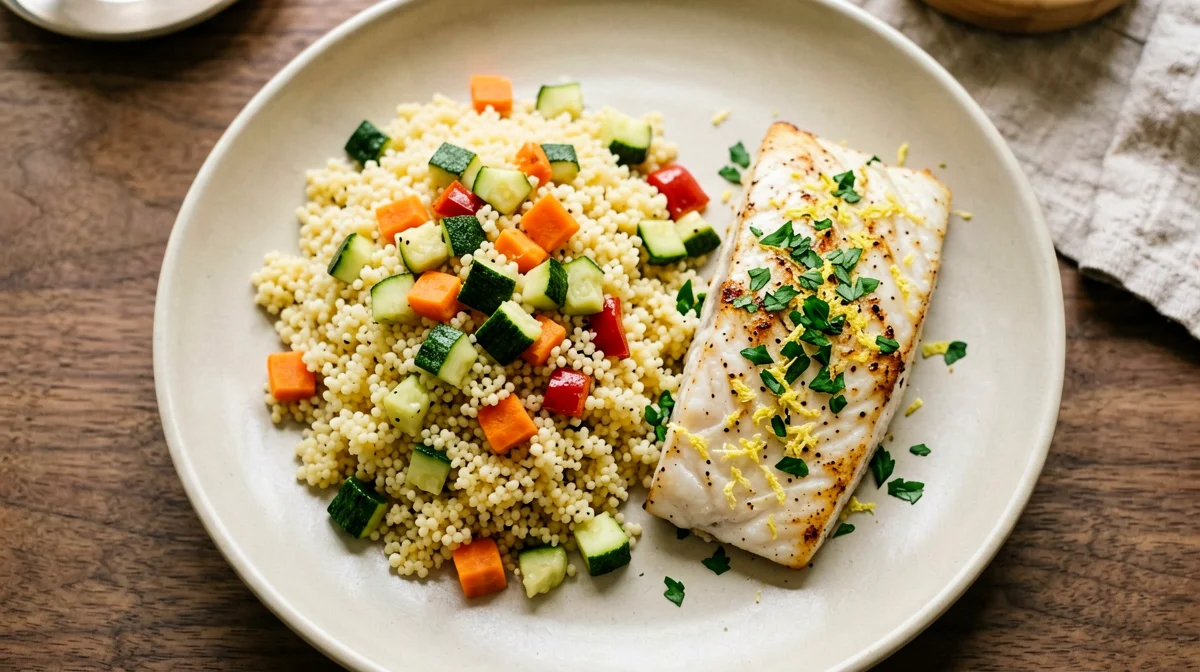 Vegetable couscous with lemon cod