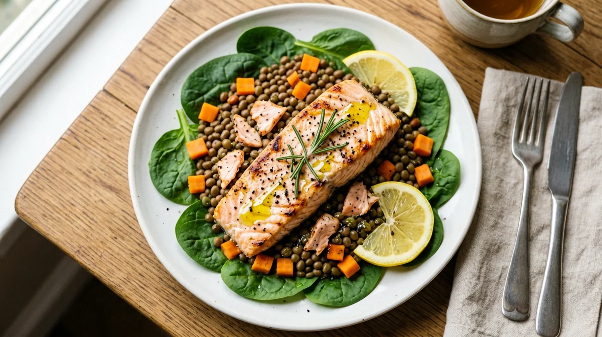 Warm lentils with baked salmon and rocket