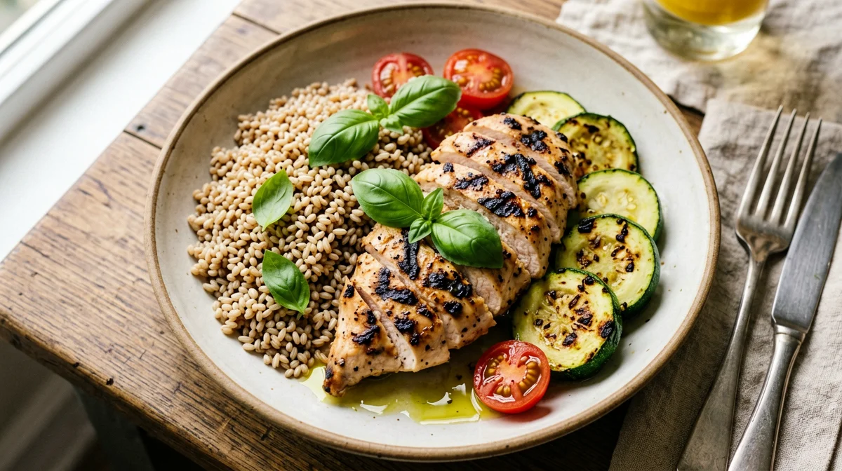 Bowl di farro con pollo grigliato, zucchine e pomodorini