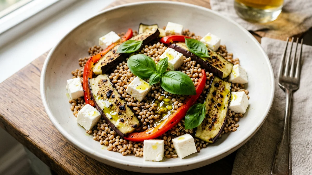 Insalata di farro con melanzane grigliate, peperoni e mozzarella