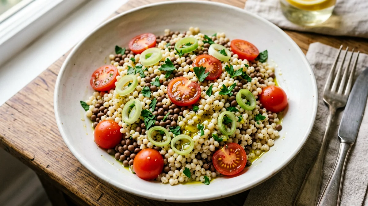Barley salad with lentils, cherry tomatoes and parsley