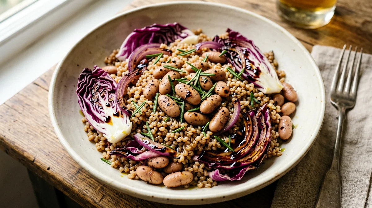Warm farro, borlotti and radicchio salad