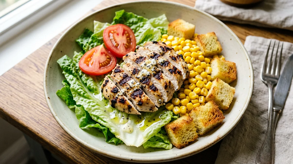 Big grilled chicken salad with lettuce, tomatoes, corn and croutons