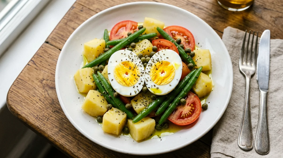 Big salad with boiled eggs, green beans, potatoes and tomatoes