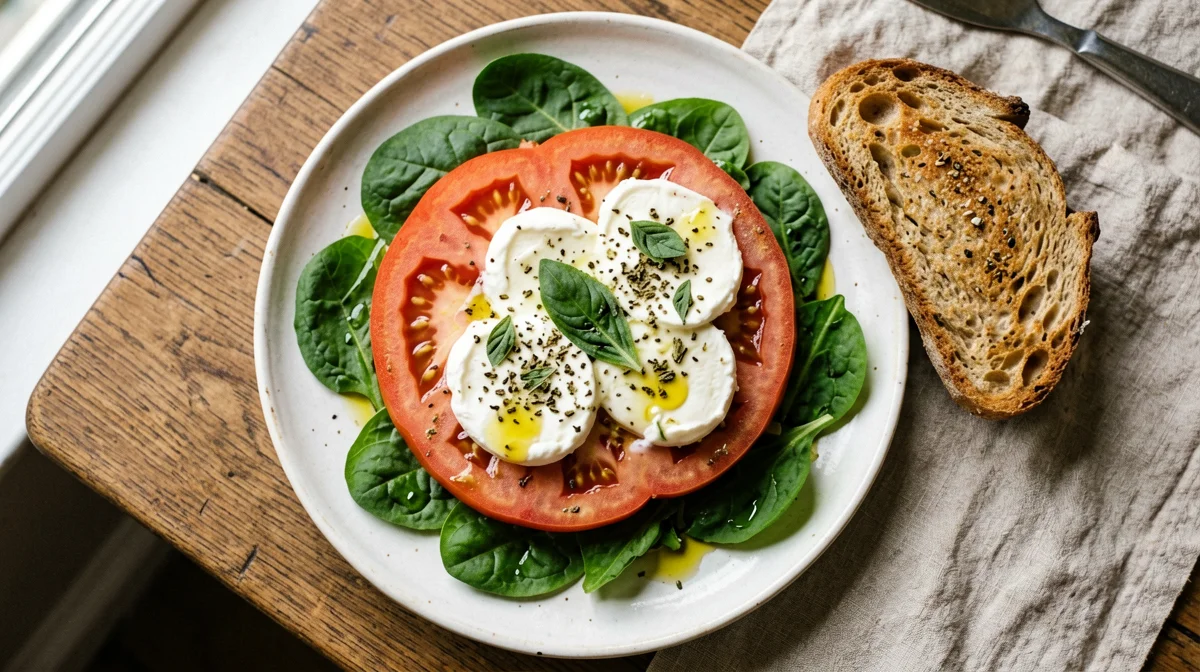 Insalatona di mozzarella, pomodori cuore di bue, rucola e pane integrale