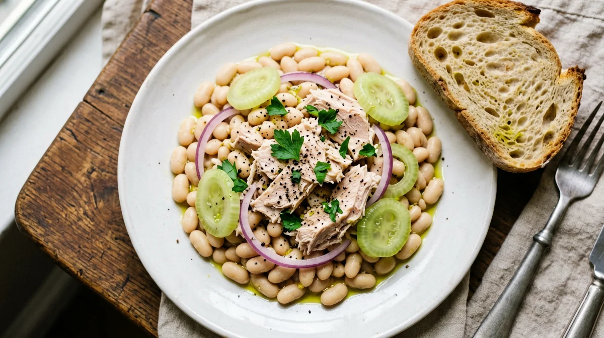 Insalata tiepida di cannellini, tonno e cipolla rossa con pane