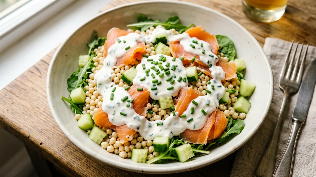 Insalata d'orzo con salmone affumicato, cetriolo e yogurt all'erba cipollina