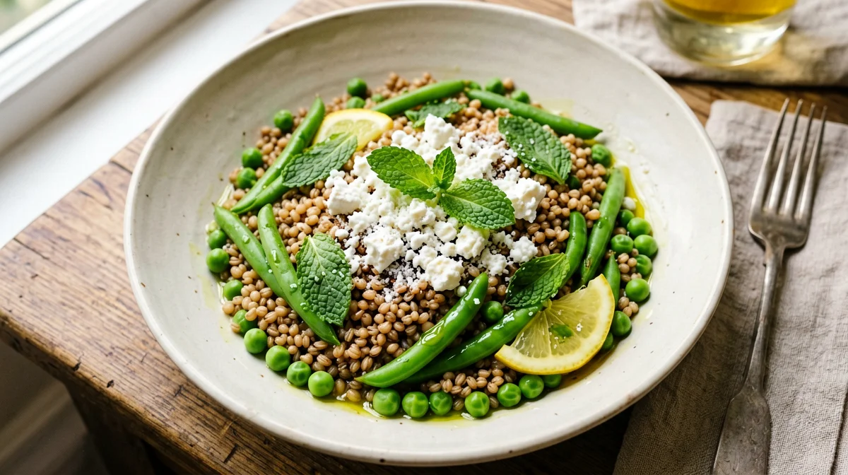 Insalata di farro con fave, piselli e ricotta salata