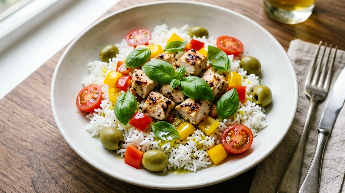 Rice salad with chicken, peppers and green olives