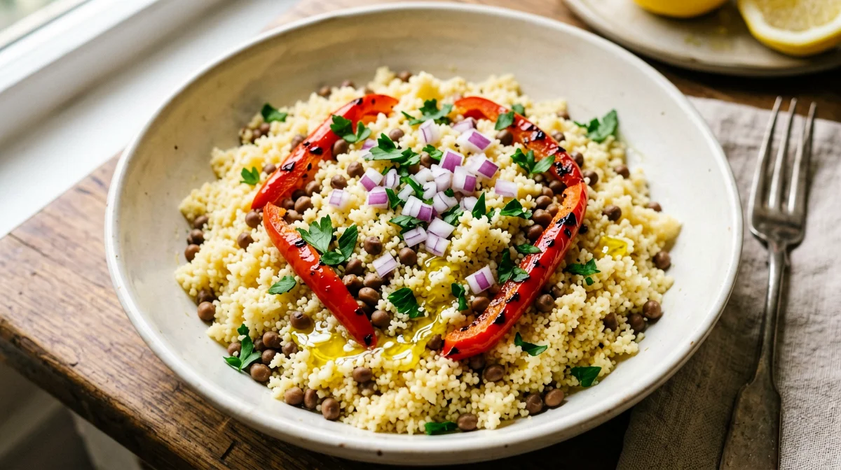 Cous cous con lenticchie, peperoni arrosto e prezzemolo