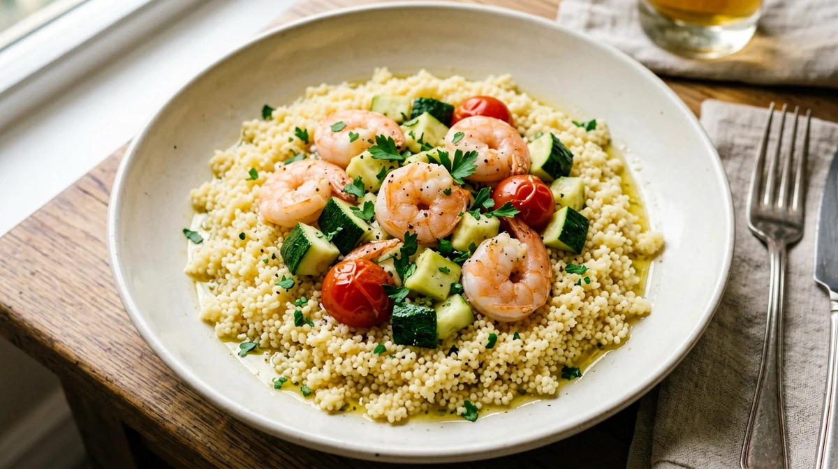 Cous cous con gamberi, zucchine e pomodorini