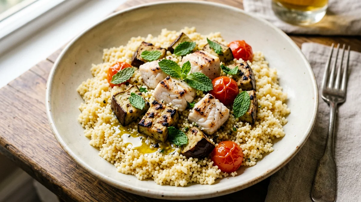 Swordfish couscous with aubergine and mint