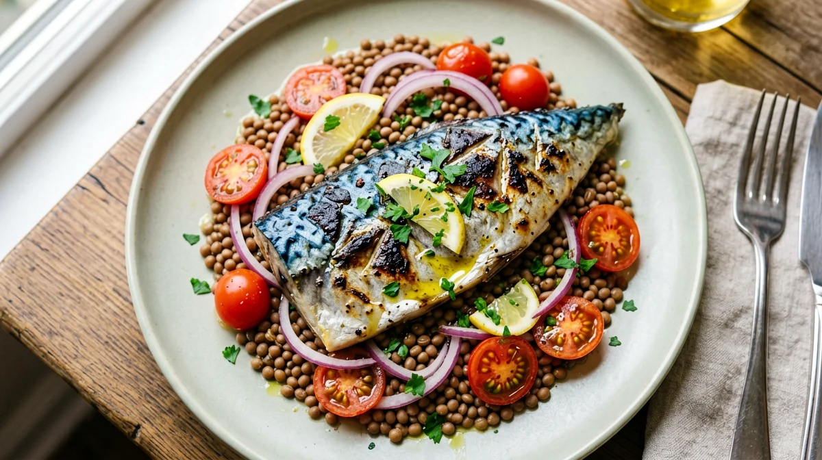 Lentils with mackerel, red onion and cherry tomatoes